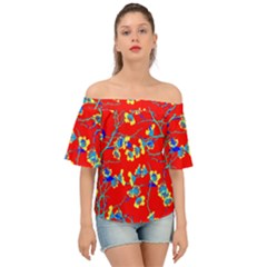 Red Yellow Tropics   Off Shoulder Short Sleeve Top