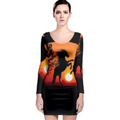 Sunset Horses Shadow Long Sleeve Bodycon Dress by Bajindul