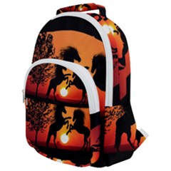 Sunset Horses Shadow Rounded Multi Pocket Backpack by Bajindul