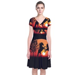 Sunset Horses Shadow Short Sleeve Front Wrap Dress by Bajindul