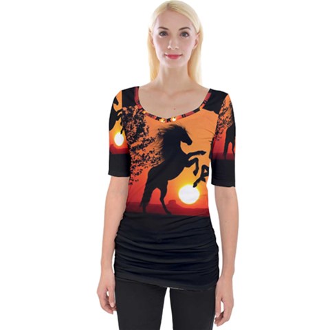 Sunset Horses Shadow Wide Neckline Tee by Bajindul