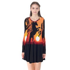 Sunset Horses Shadow Long Sleeve V-neck Flare Dress by Bajindul