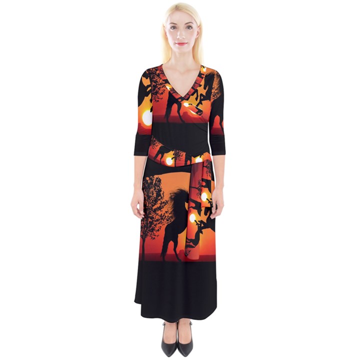 Sunset Horses Shadow Quarter Sleeve Wrap Maxi Dress