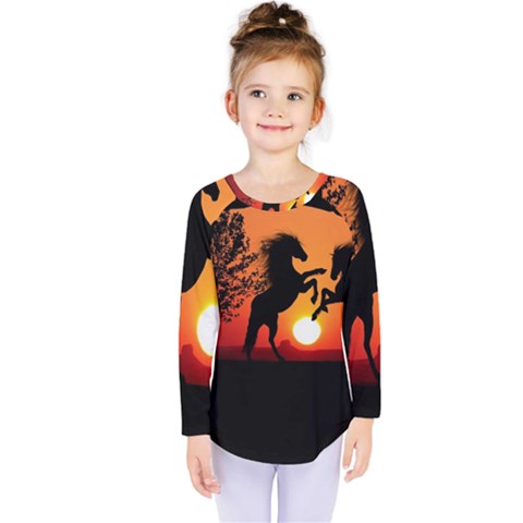 Sunset Horses Shadow Kids  Long Sleeve Tee by Bajindul