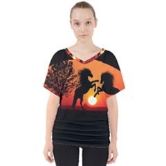 Sunset Horses Shadow V-neck Dolman Drape Top by Bajindul