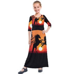 Sunset Horses Shadow Kids  Quarter Sleeve Maxi Dress by Bajindul