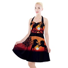 Sunset Horses Shadow Halter Party Swing Dress  by Bajindul