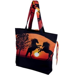 Sunset Horses Shadow Drawstring Tote Bag by Bajindul