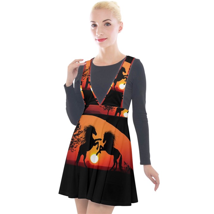 Sunset Horses Shadow Plunge Pinafore Velour Dress