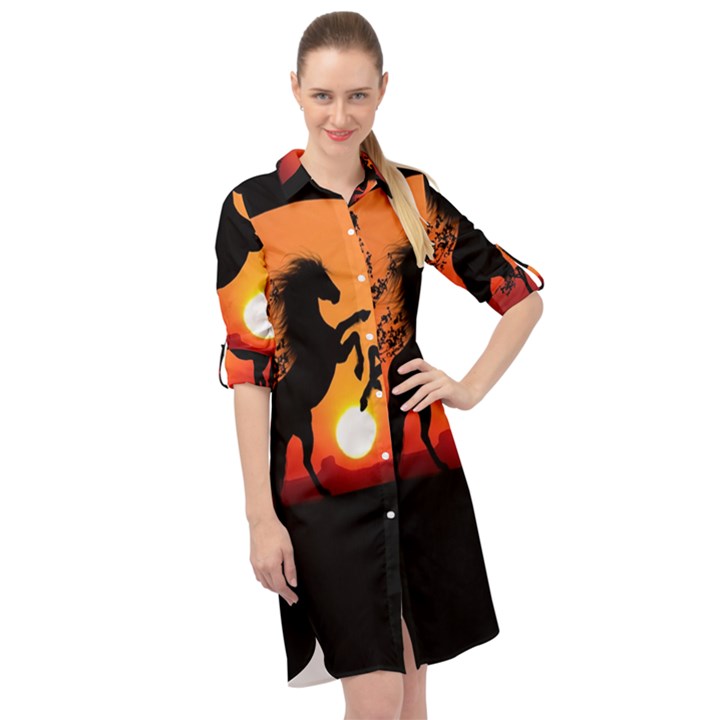 Sunset Horses Shadow Long Sleeve Mini Shirt Dress