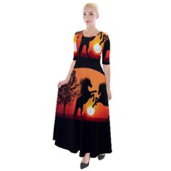 Sunset Horses Shadow Half Sleeves Maxi Dress