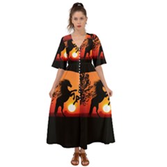 Sunset Horses Shadow Kimono Sleeve Boho Dress