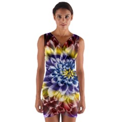 Rainbow Chrysanthemum Wrap Front Bodycon Dress by bloomingvinedesign