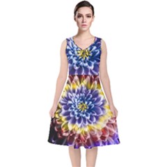 Rainbow Chrysanthemum V-neck Midi Sleeveless Dress  by bloomingvinedesign