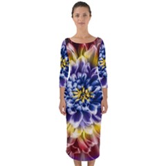 Rainbow Chrysanthemum Quarter Sleeve Midi Bodycon Dress by bloomingvinedesign