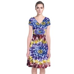 Rainbow Chrysanthemum Short Sleeve Front Wrap Dress by bloomingvinedesign