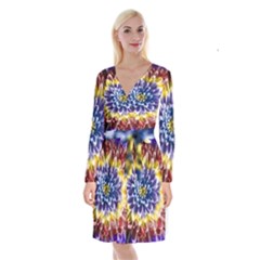 Rainbow Chrysanthemum Long Sleeve Velvet Front Wrap Dress by bloomingvinedesign