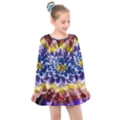 Rainbow Chrysanthemum Kids  Long Sleeve Dress by bloomingvinedesign