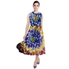 Rainbow Chrysanthemum Round Neck Boho Dress