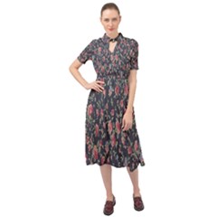 Polka Dotted Rosebuds Keyhole Neckline Chiffon Dress