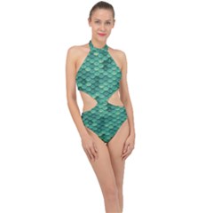 Sea Green Mermaid Scales Halter Side Cut Swimsuit by VeataAtticus