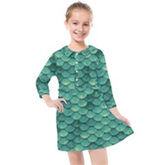 Sea Green Mermaid Scales Kids  Quarter Sleeve Shirt Dress by VeataAtticus