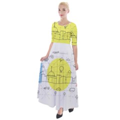 Urban City Skyline Sketch Half Sleeves Maxi Dress