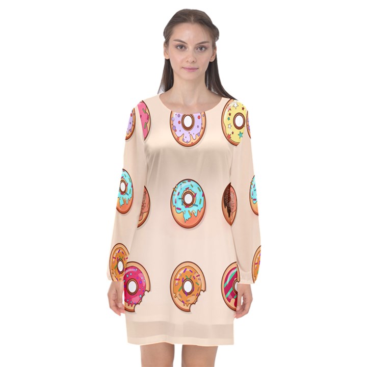 Donut Sweets Baking Food Tasty Long Sleeve Chiffon Shift Dress 