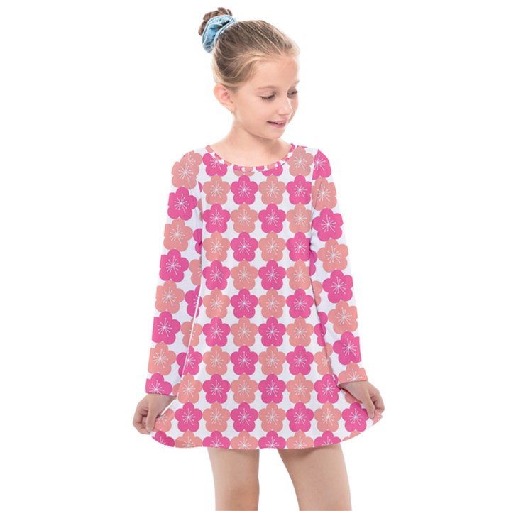 Sakura Flower Pattern Kids  Long Sleeve Dress