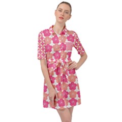 Sakura Flower Pattern Belted Shirt Dress