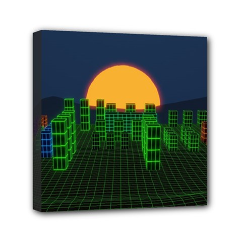 Neon City Retro Grid 80s Mini Canvas 6  X 6  (stretched) by Pakrebo