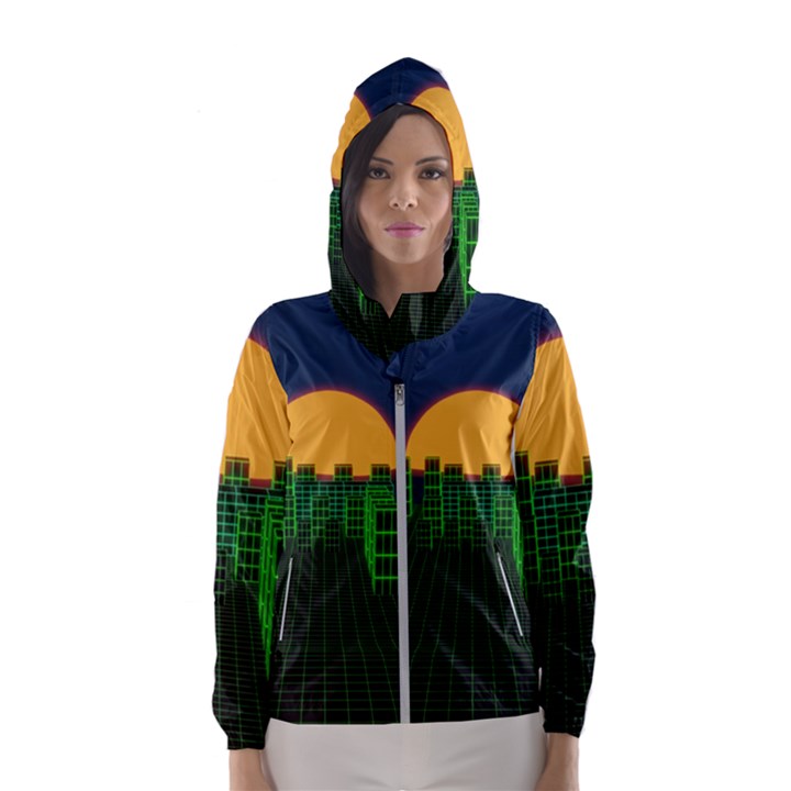 Neon City Retro Grid 80s Women s Hooded Windbreaker