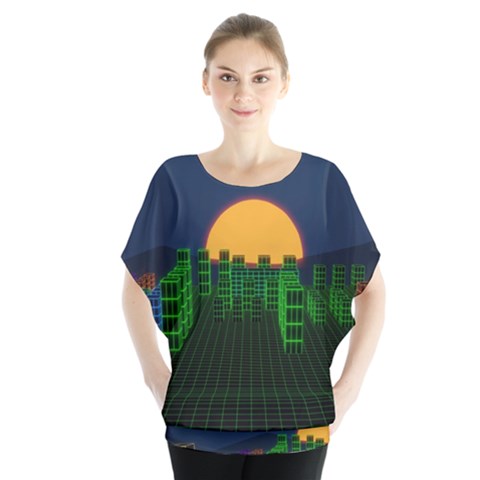 Neon City Retro Grid 80s Batwing Chiffon Blouse by Pakrebo