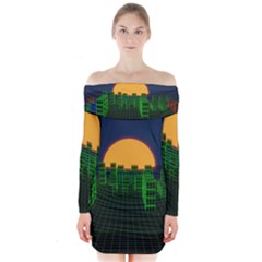 Neon City Retro Grid 80s Long Sleeve Off Shoulder Dress by Pakrebo