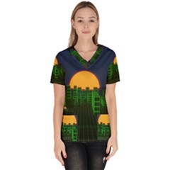 Neon City Retro Grid 80s Women s V-neck Scrub Top by Pakrebo