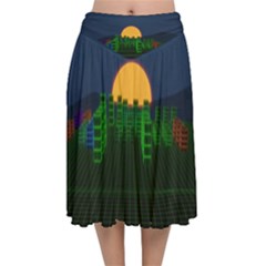 Neon City Retro Grid 80s Velvet Flared Midi Skirt by Pakrebo