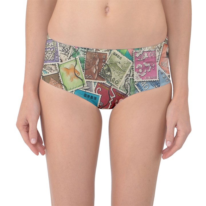 Old Vintage Japanese Mix Stamp Mid-Waist Bikini Bottoms