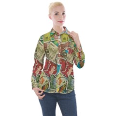 Old Vintage Japanese Mix Stamp Women s Long Sleeve Pocket Shirt