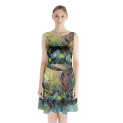 Abstract Sleeveless Waist Tie Chiffon Dress