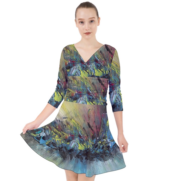 abstract Quarter Sleeve Front Wrap Dress