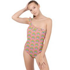 Pride Rainbow Flag Pattern Frilly One Shoulder Swimsuit by Valentinaart