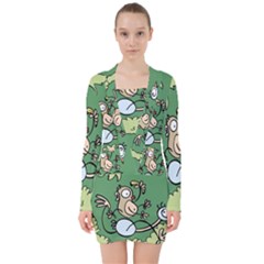 Ostrich Jungle Monkey Plants V-neck Bodycon Long Sleeve Dress by Bajindul