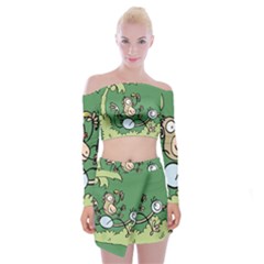 Ostrich Jungle Monkey Plants Off Shoulder Top With Mini Skirt Set by Bajindul