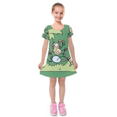 Ostrich Jungle Monkey Plants Kids  Short Sleeve Velvet Dress by Bajindul