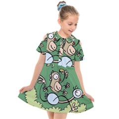 Ostrich Jungle Monkey Plants Kids  Short Sleeve Shirt Dress by Bajindul