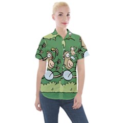 Ostrich Jungle Monkey Plants Women s Short Sleeve Pocket Shirt