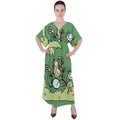 Ostrich Jungle Monkey Plants V-neck Boho Style Maxi Dress