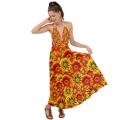 Brilliant Orange And Yellow Daisies Backless Maxi Beach Dress