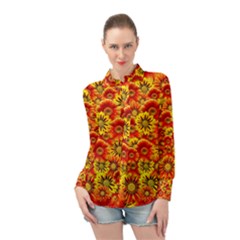 Brilliant Orange And Yellow Daisies Long Sleeve Chiffon Shirt