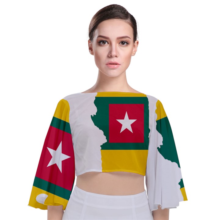 Togo Flag Map Geography Outline Tie Back Butterfly Sleeve Chiffon Top